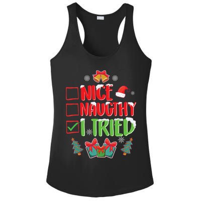 Nice Naughty I Tried SantaS Naughty List Funny Christmas Ladies PosiCharge Competitor Racerback Tank
