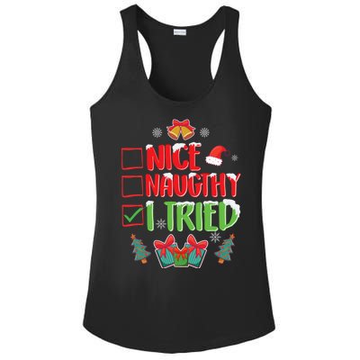 Nice Naughty I Tried SantaS Naughty List Funny Christmas Ladies PosiCharge Competitor Racerback Tank