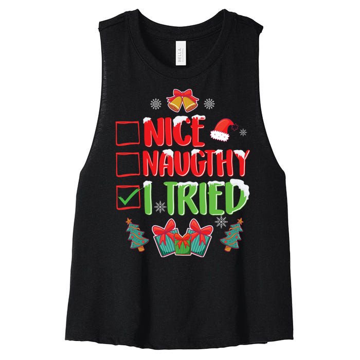 Nice Naughty I Tried SantaS Naughty List Funny Christmas Women's Racerback Cropped Tank