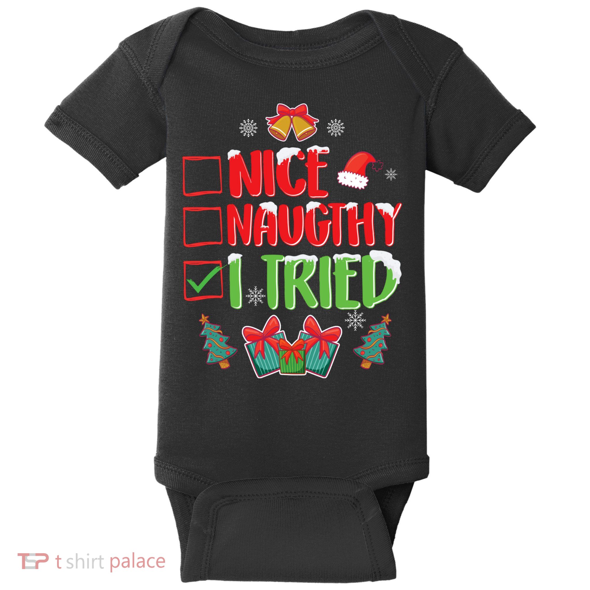 Nice Naughty I Tried SantaS Naughty List Funny Christmas Baby Bodysuit