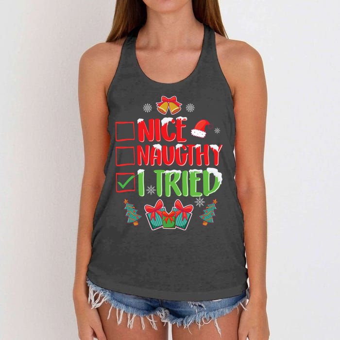 Nice Naughty I Tried SantaS Naughty List Funny Christmas Women's Knotted Racerback Tank