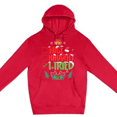 Nice Naughty I Tried SantaS Naughty List Funny Christmas Premium Pullover Hoodie