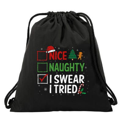 Nice Naughty I Swear I Tried Christmas List Xmas Santa Claus Drawstring Bag