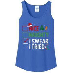 Nice Naughty I Swear I Tried Christmas List Xmas Santa Claus Ladies Essential Tank