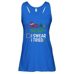 Nice Naughty I Swear I Tried Christmas List Xmas Santa Claus Ladies Essential Flowy Tank