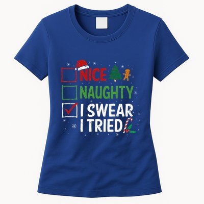 Nice Naughty I Swear I Tried Christmas List Xmas Santa Claus Womens T-Shirt