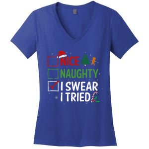 Nice Naughty I Swear I Tried Christmas List Xmas Santa Claus Women's V-Neck T-Shirt