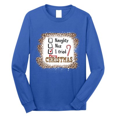 Nice Naughty I Tried Leopard Funny Christmas List Gift Long Sleeve Shirt