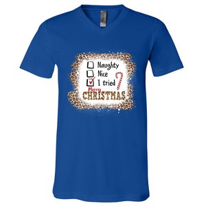 Nice Naughty I Tried Leopard Funny Christmas List Gift V-Neck T-Shirt