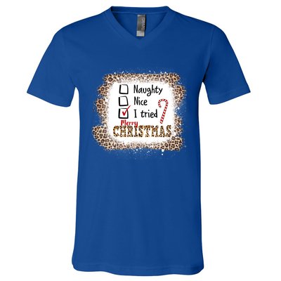 Nice Naughty I Tried Leopard Funny Christmas List Gift V-Neck T-Shirt