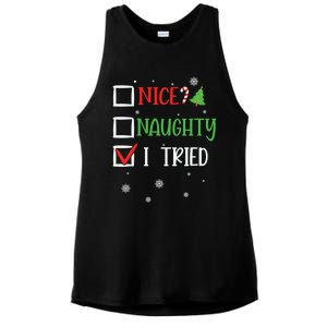 Nice Naughty I Tried Whimsical Christmas Gift Ladies PosiCharge Tri-Blend Wicking Tank