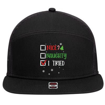 Nice Naughty I Tried Whimsical Christmas Gift 7 Panel Mesh Trucker Snapback Hat