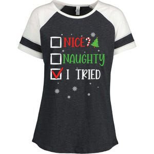 Nice Naughty I Tried Whimsical Christmas Gift Enza Ladies Jersey Colorblock Tee