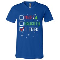 Nice Naughty I Tried Whimsical Christmas Gift V-Neck T-Shirt