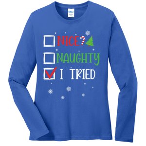 Nice Naughty I Tried Whimsical Christmas Gift Ladies Long Sleeve Shirt