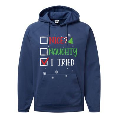 Nice Naughty I Tried Whimsical Christmas Gift Performance Fleece Hoodie