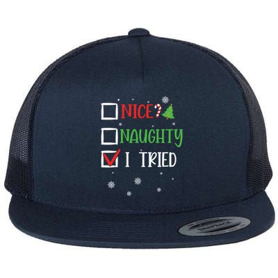 Nice Naughty I Tried Whimsical Christmas Gift Flat Bill Trucker Hat