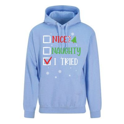 Nice Naughty I Tried Whimsical Christmas Gift Unisex Surf Hoodie