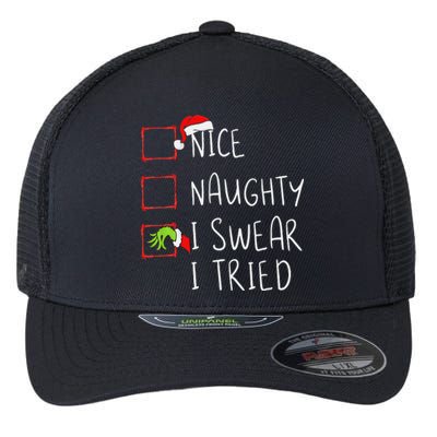 Nice Naughty I Swear I Tried Christmas List Xmas Santa Claus Flexfit Unipanel Trucker Cap