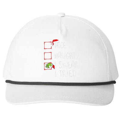 Nice Naughty I Swear I Tried Christmas List Xmas Santa Claus Snapback Five-Panel Rope Hat