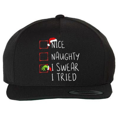 Nice Naughty I Swear I Tried Christmas List Xmas Santa Claus Wool Snapback Cap