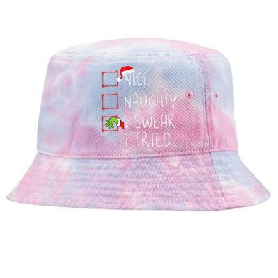 Nice Naughty I Swear I Tried Christmas List Xmas Santa Claus Tie-Dyed Bucket Hat