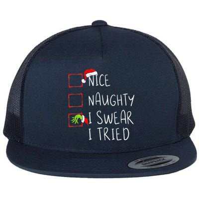 Nice Naughty I Swear I Tried Christmas List Xmas Santa Claus Flat Bill Trucker Hat