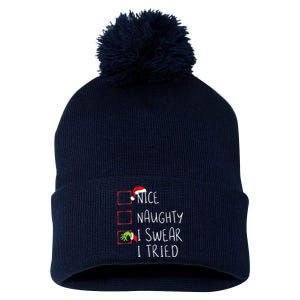 Nice Naughty I Swear I Tried Christmas List Xmas Santa Claus Pom Pom 12in Knit Beanie