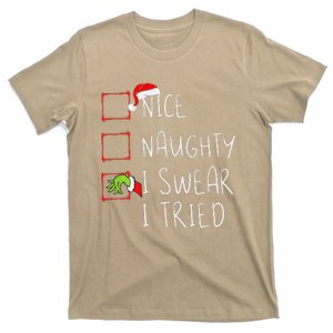 Nice Naughty I Swear I Tried Christmas List Xmas Santa Claus T-Shirt