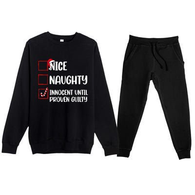 Nice Naughty Innocent Until Proven Guilty Christmas List Premium Crewneck Sweatsuit Set