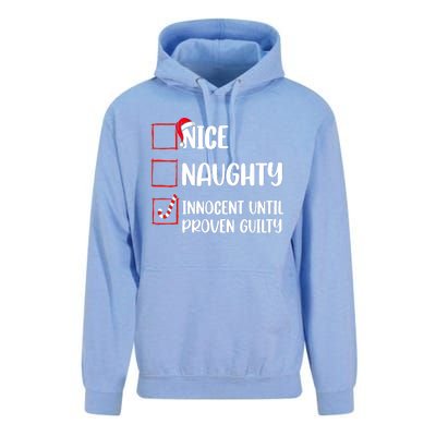 Nice Naughty Innocent Until Proven Guilty Christmas List Unisex Surf Hoodie