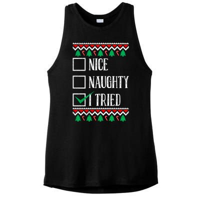 Nice Naughty I Tried Christmas Ladies PosiCharge Tri-Blend Wicking Tank