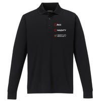 Nice Naughty Innocent Until Proven Guilty Christmas List Performance Long Sleeve Polo