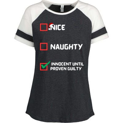 Nice Naughty Innocent Until Proven Guilty Christmas List Enza Ladies Jersey Colorblock Tee