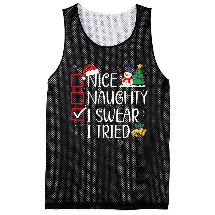 Nice Naughty I Swear I Tried Funny Christmas List Santa Mesh Reversible Basketball Jersey Tank