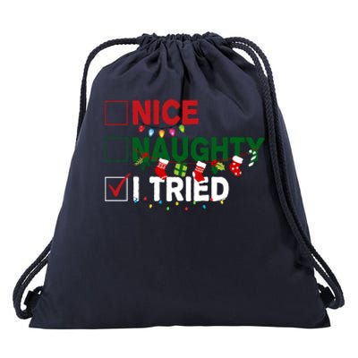 Nice Naughty I Tried Funny Christmas Checklist Drawstring Bag