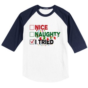 Nice Naughty I Tried Funny Christmas Checklist Baseball Sleeve Shirt