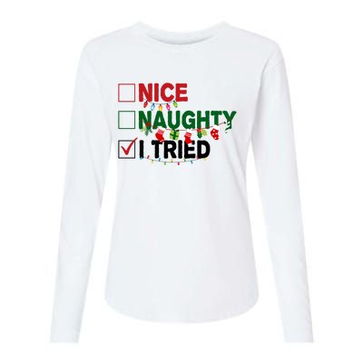 Nice Naughty I Tried Funny Christmas Checklist Womens Cotton Relaxed Long Sleeve T-Shirt