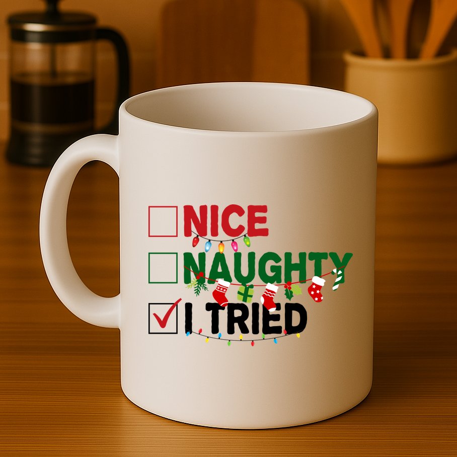 Nice Naughty I Tried Funny Christmas Checklist Mug