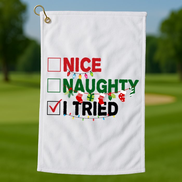 Nice Naughty I Tried Funny Christmas Checklist Golf Towel