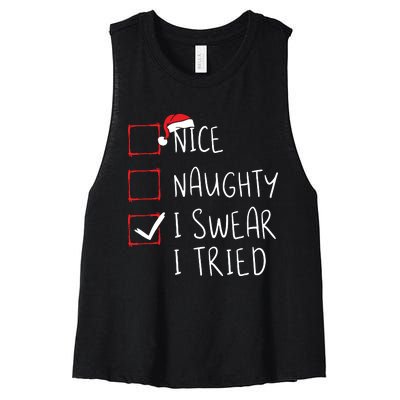 Nice Naughty I Swear I Tried Christmas List Xmas Santa Claus Women's Racerback Cropped Tank