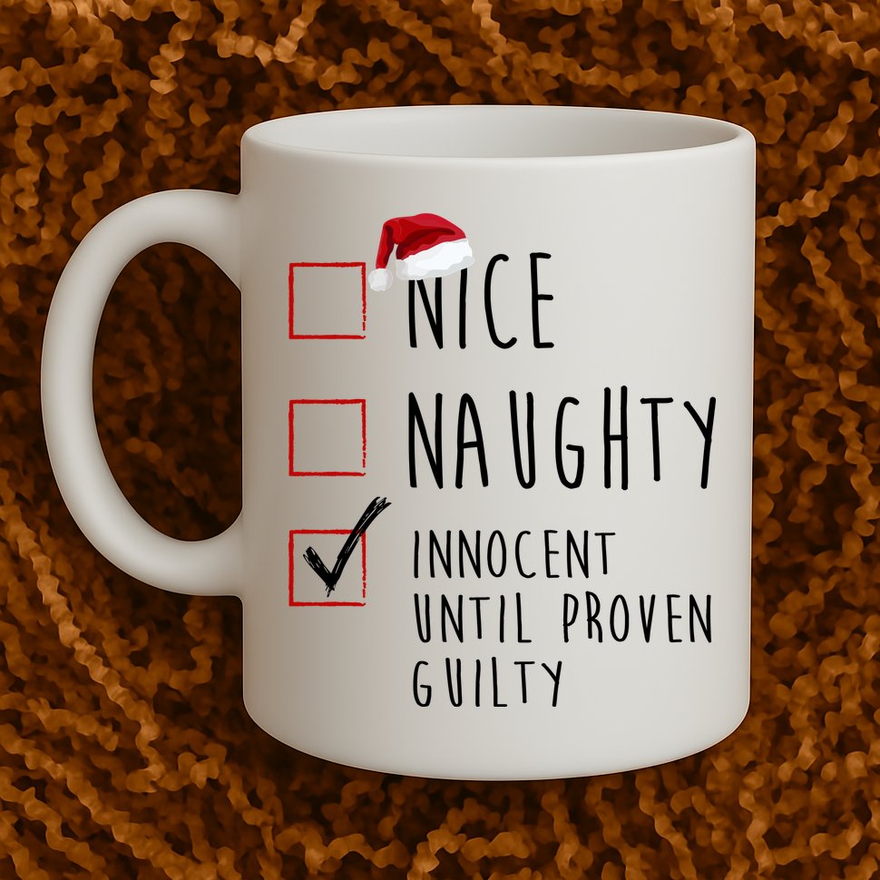 Nice Naughty Innocent Until Proven Guilty Christmas Checklist Mug