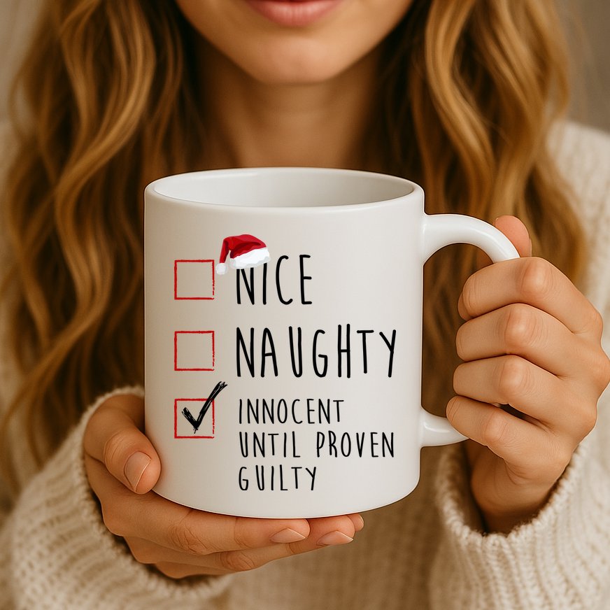 Nice Naughty Innocent Until Proven Guilty Christmas Checklist Mug