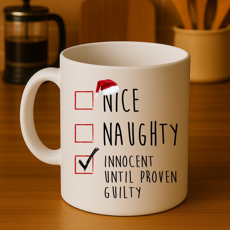 Nice Naughty Innocent Until Proven Guilty Christmas Checklist Mug