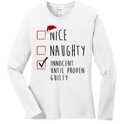 Nice Naughty Innocent Until Proven Guilty Christmas Checklist Ladies Long Sleeve Shirt