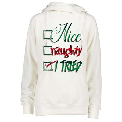 Nice Naughty I Tried Santa Checking List Ugly Christmas Womens Funnel Neck Pullover Hood