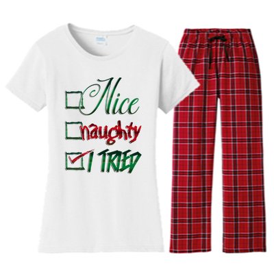 Nice Naughty I Tried Santa Checking List Ugly Christmas Women's Flannel Pajama Set