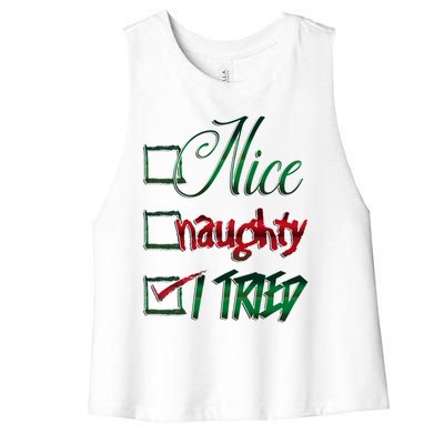 Nice Naughty I Tried Santa Checking List Ugly Christmas Women's Racerback Cropped Tank