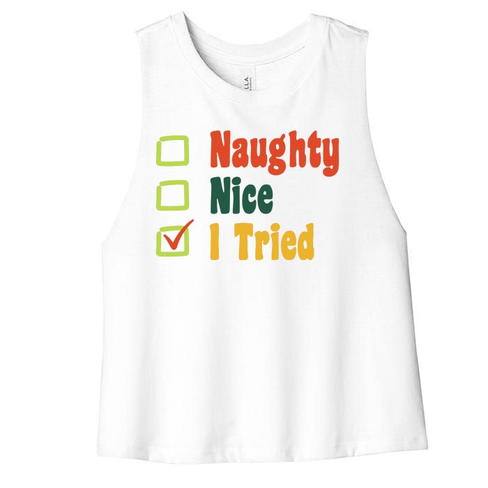 Naughty Nice I Tried Funny Christmas Women's Racerback Cropped Tank