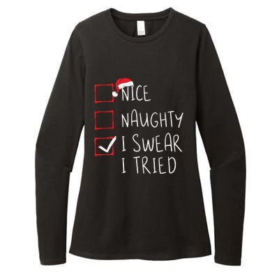 Nice Naughty I Swear I Tried Christmas List Xmas Santa Claus Womens CVC Long Sleeve Shirt